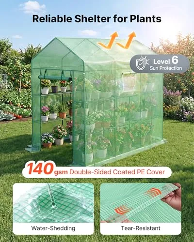 VEVOR ▫️ Estufa de Exterior 137 x 206 x 196 cm, Estufa de Jardim com Porta Enrolável e 2 Janelas, Prateleiras de 3 Níveis, Cobertura em PE, Estufa Caseira para Plantas, Legumes e Flores, Verde 5