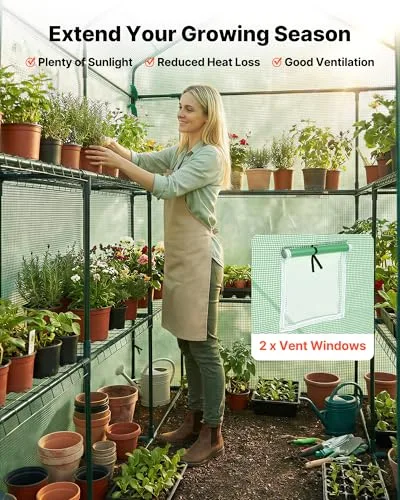 VEVOR ▫️ Estufa de Exterior 137 x 206 x 196 cm, Estufa de Jardim com Porta Enrolável e 2 Janelas, Prateleiras de 3 Níveis, Cobertura em PE, Estufa Caseira para Plantas, Legumes e Flores, Verde 6