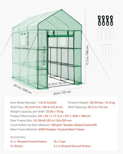 VEVOR ▫️ Estufa de Exterior 137 x 206 x 196 cm, Estufa de Jardim com Porta Enrolável e 2 Janelas, Prateleiras de 3 Níveis, Cobertura em PE, Estufa Caseira para Plantas, Legumes e Flores, Verde 7