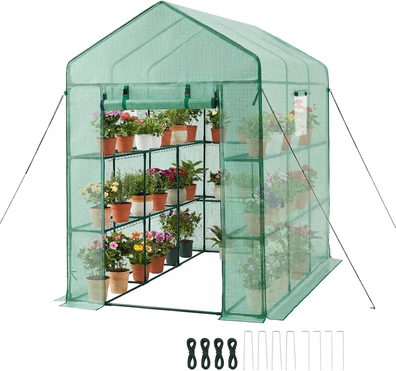 VEVOR ▫️ Estufa de Exterior 137 x 206 x 196 cm, Estufa de Jardim com Porta Enrolável e 2 Janelas, Prateleiras de 3 Níveis, Cobertura em PE, Estufa Caseira para Plantas, Legumes e Flores, Verde