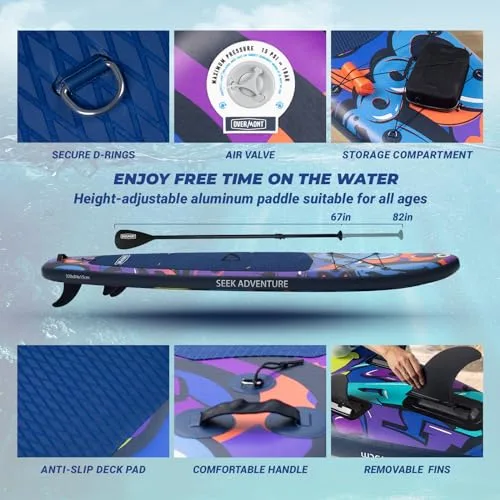 OVERMONT ▫️ Prancha de Paddle Surf insuflável para adultos 323×84×15 cm, Stand Up Paddle Board com kit completo, remo ajustável, bomba, mochila, corda de segurança e 3 quilhas 3