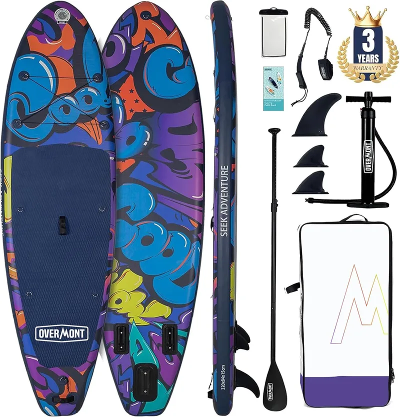 OVERMONT ▫️ Prancha de Paddle Surf insuflável para adultos 323×84×15 cm, Stand Up Paddle Board com kit completo, remo ajustável, bomba, mochila, corda de segurança e 3 quilhas