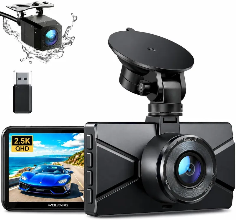 WOLFANG ▫️ Dashcam, Câmara de carro frontal e traseira 2,5K QHD, câmara de bordo para automóveis com grande angular de 170°, monitor de estacionamento 24 horas com gravação em loop e sensor G