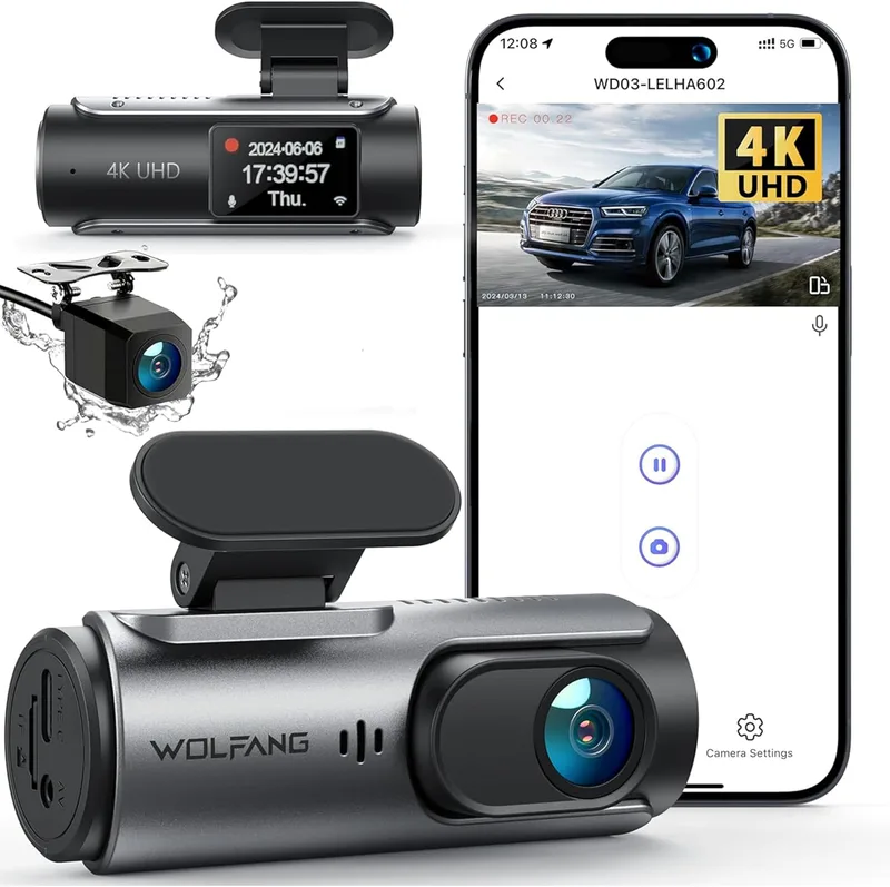 WOLFANG ▫️ Câmara de carro dianteira e traseira 4K UHD, câmara de bordo com lente dupla para automóveis com grande angular de 170°, monitor de estacionamento 24 horas com gravação em loop e sensor G