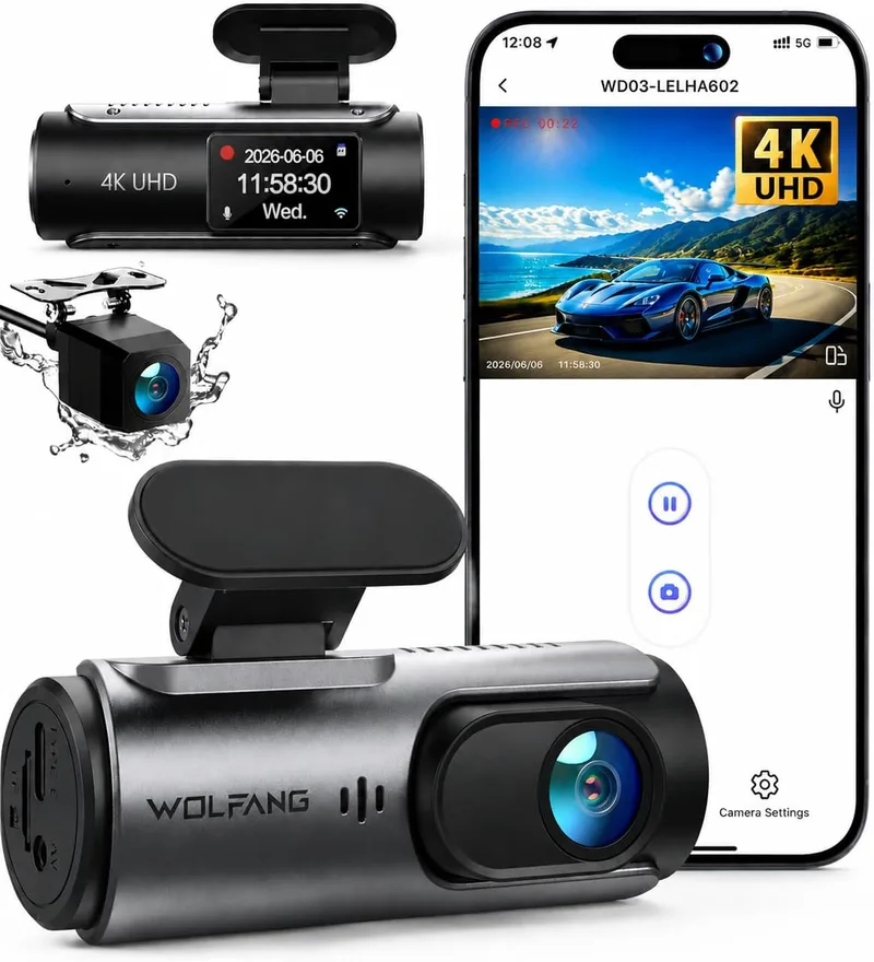WOLFANG ▫️ Câmara de bordo dianteira e traseira 4K UHD, câmara de bordo com lente dupla para automóveis com grande angular de 170°, monitor de estacionamento 24 horas com gravação em loop e sensor G