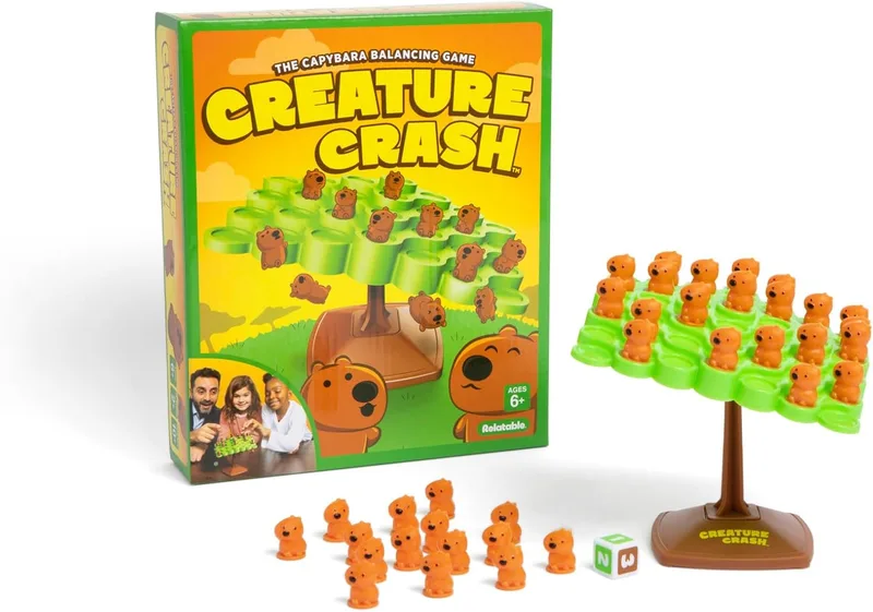 what do you meme, llc ▫️ Relatable Creature Crash - Jogo de equilíbrio com capivaras para a família e crianças. Inclui 49 capivaras, 1 prancha de equilíbrio, 1 base e dados