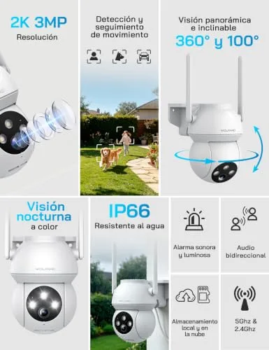 WOLFANG ▫️ Câmara de segurança exterior 2K 3 MP, câmara Wi-Fi PTZ 360°, visão noturna a cores, deteção por IA, alarme sonoro e luminoso, IP65 resistente às intempéries, compatível com Alexa e Google 2