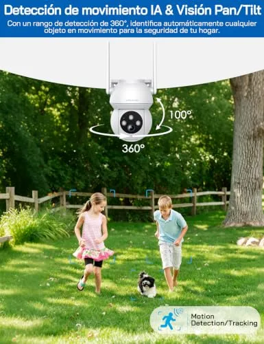 WOLFANG ▫️ Câmara de segurança exterior 2K 3 MP, câmara Wi-Fi PTZ 360°, visão noturna a cores, deteção por IA, alarme sonoro e luminoso, IP65 resistente às intempéries, compatível com Alexa e Google 4