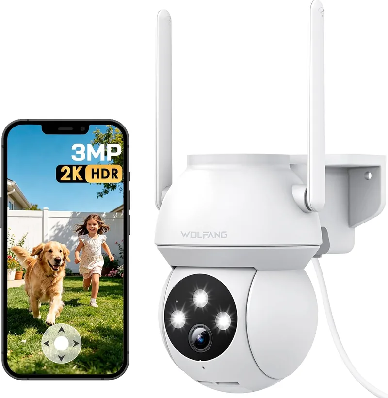 WOLFANG ▫️ Câmara de segurança exterior 2K 3 MP, câmara Wi-Fi PTZ 360°, visão noturna a cores, deteção por IA, alarme sonoro e luminoso, IP65 resistente às intempéries, compatível com Alexa e Google