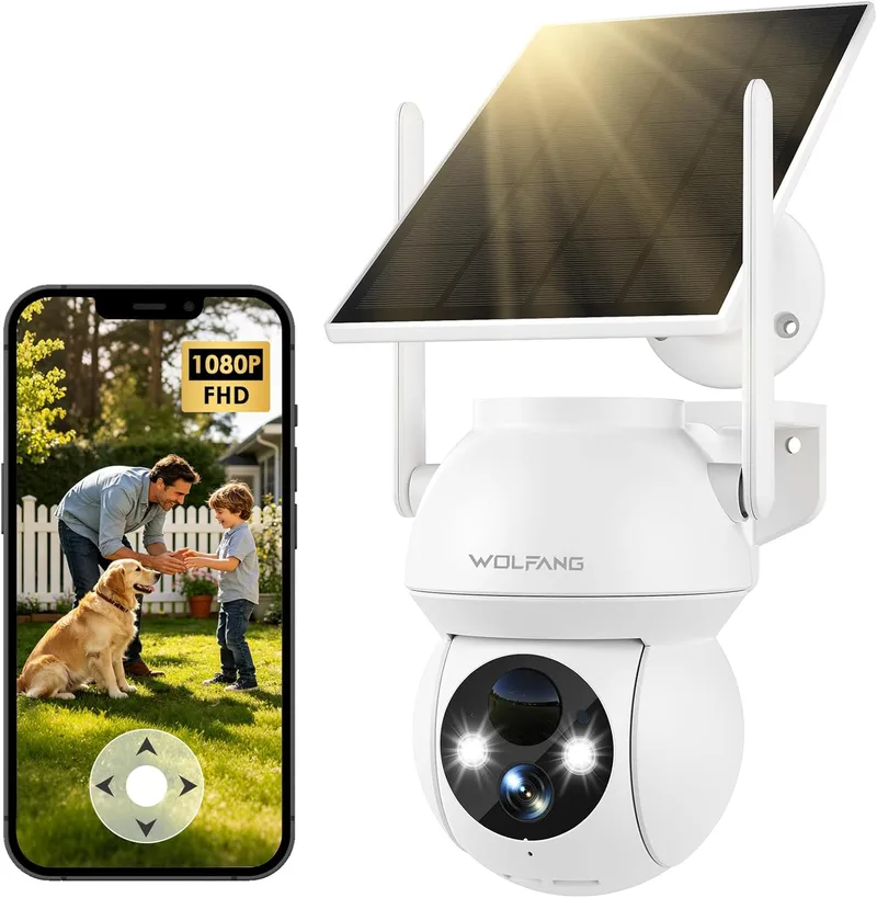 WOLFANG ▫️ Câmara de Segurança Solar 1080P para exterior, câmara Wi-Fi PTZ de 360° (apenas 2,4 GHz), deteção de movimento PIR, visão noturna a cores, áudio bidirecional, IP65, compatível com a Alexa e