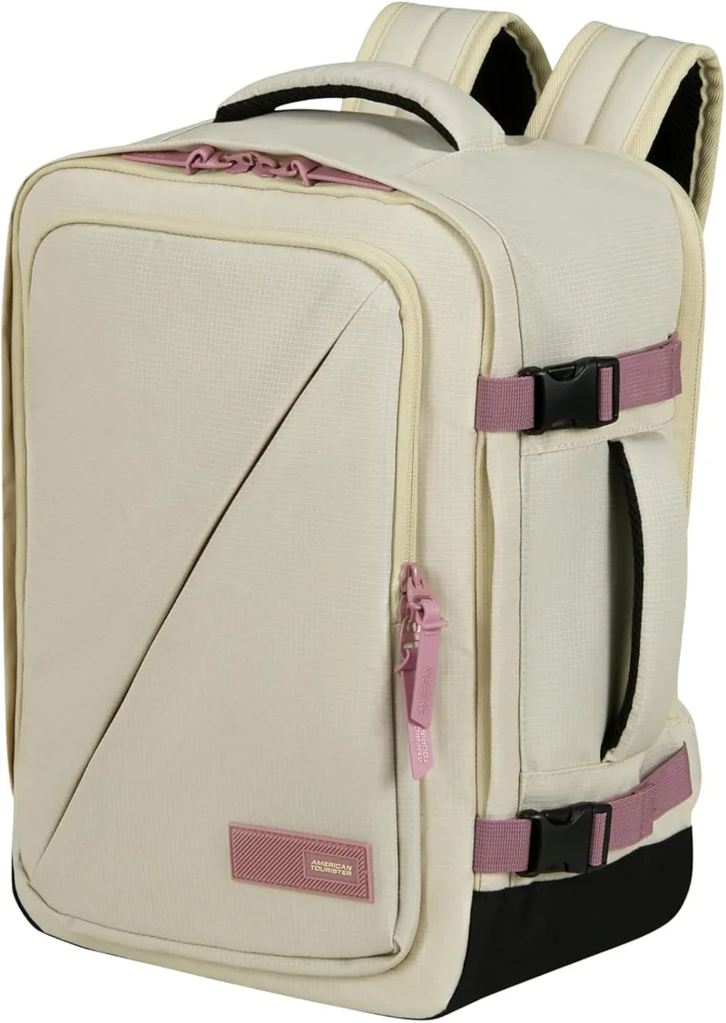 American Tourister ▫️ Take2Cabin - Ryanair/Wizz Air Mala de Cabine 30 x 20 x 40 cm, 26,5 l, 0,60 kg, Bagagem de mão, Mochila de avião S/M para colocar debaixo do assento, Sand/Mauve (Coconut Sand/Galatic Mauve)