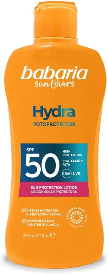 Babaria ▫️ Hydra Aloe SPF50 - Leite solar | Hidratação profunda com exossomas | Proteção elevada | Resistente à água | Amigo dos corais | Vegano | 200 m
