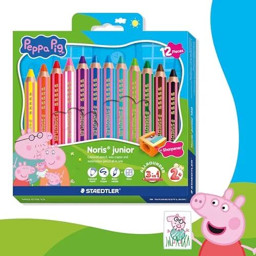 STAEDTLER ▫️ Noris junior lápis de cor Peppa Pig, conjunto de 12 – lápis 3 em 1, à base de cera e para aguarela, para diferentes superfícies – minas extra suaves para cores intensas – lápis ergonómicos 2