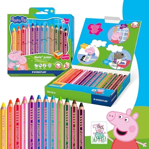 STAEDTLER ▫️ Noris junior lápis de cor Peppa Pig, conjunto de 12 – lápis 3 em 1, à base de cera e para aguarela, para diferentes superfícies – minas extra suaves para cores intensas – lápis ergonómicos 3