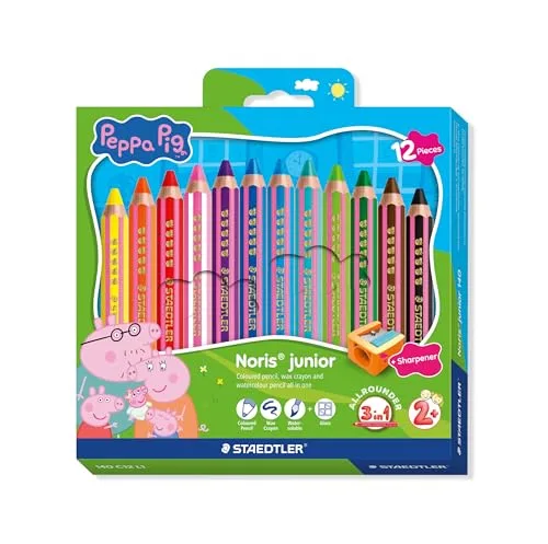 STAEDTLER ▫️ Noris junior lápis de cor Peppa Pig, conjunto de 12 – lápis 3 em 1, à base de cera e para aguarela, para diferentes superfícies – minas extra suaves para cores intensas – lápis ergonómicos 4
