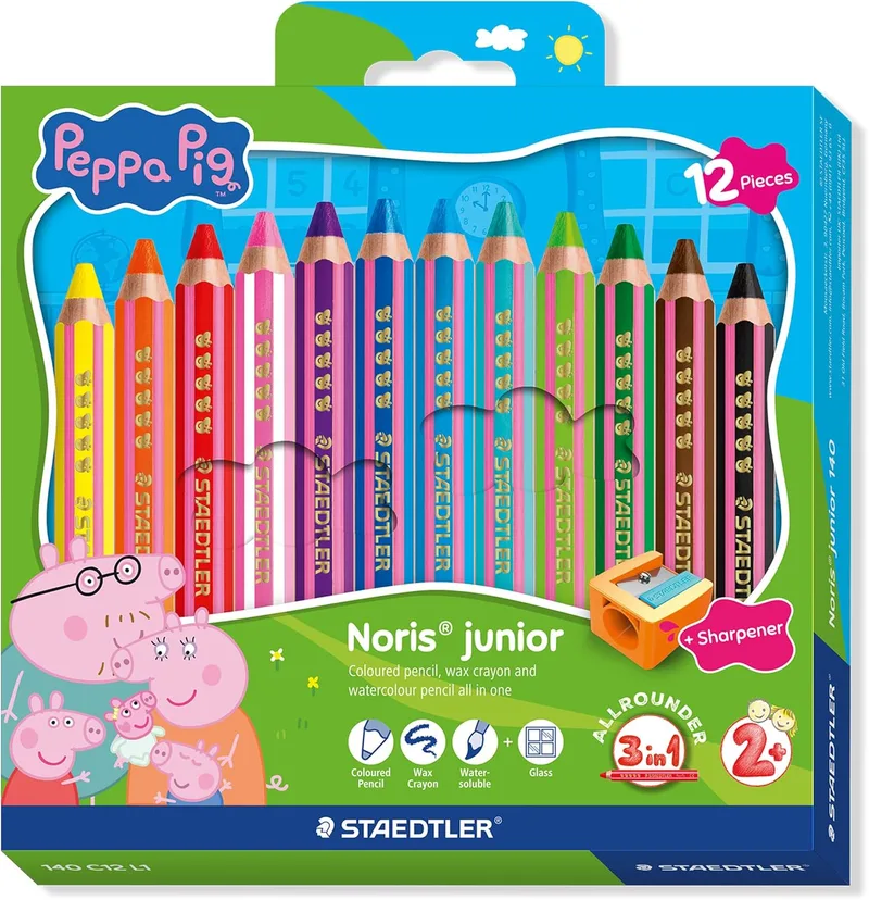 STAEDTLER ▫️ Noris junior lápis de cor Peppa Pig, conjunto de 12 – lápis 3 em 1, à base de cera e para aguarela, para diferentes superfícies – minas extra suaves para cores intensas – lápis ergonómicos