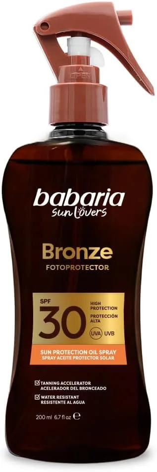 Babaria ▫️ Autobronzeador para o Corpo com Protetor Solar FPS 30 em Spray | Acelerador de bronzeado | Adequado para peles sensíveis | Respeita os corais e é biodegradável | Resistente à água | Vegano | 200 ml