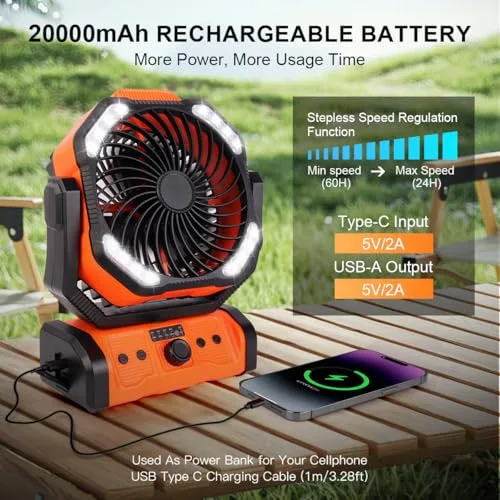 ELZO ▫️ Ventilador de Campismo 20 000 mAh, Portátil e Recarregável para Secretária ou Tenda de Campismo, com Controlo Remoto e Gancho, Luz LED, Ventilador USB com Velocidade Contínua, para Casa, Exterior, Viagens e Pesca 2