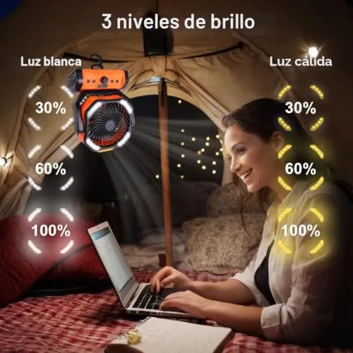ELZO ▫️ Ventilador de Campismo 20 000 mAh, Portátil e Recarregável para Secretária ou Tenda de Campismo, com Controlo Remoto e Gancho, Luz LED, Ventilador USB com Velocidade Contínua, para Casa, Exterior, Viagens e Pesca 3