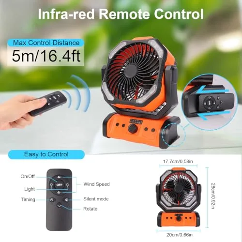 ELZO ▫️ Ventilador de Campismo 20 000 mAh, Portátil e Recarregável para Secretária ou Tenda de Campismo, com Controlo Remoto e Gancho, Luz LED, Ventilador USB com Velocidade Contínua, para Casa, Exterior, Viagens e Pesca 6