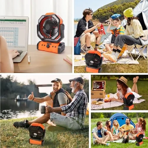 ELZO ▫️ Ventilador de Campismo 20 000 mAh, Portátil e Recarregável para Secretária ou Tenda de Campismo, com Controlo Remoto e Gancho, Luz LED, Ventilador USB com Velocidade Contínua, para Casa, Exterior, Viagens e Pesca 7