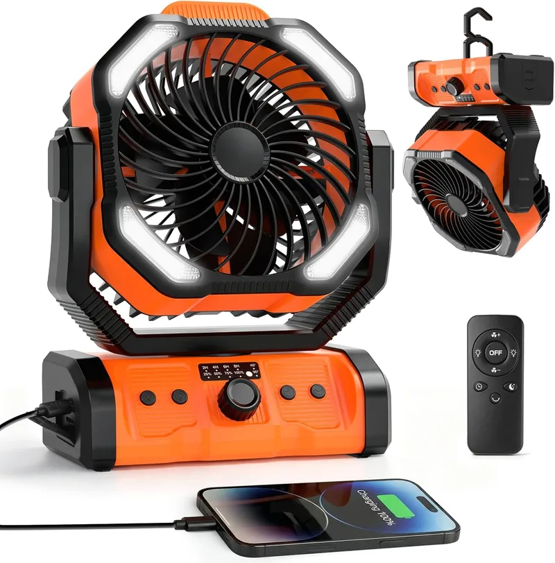 ELZO ▫️ Ventilador de Campismo 20 000 mAh, Portátil e Recarregável para Secretária ou Tenda de Campismo, com Controlo Remoto e Gancho, Luz LED, Ventilador USB com Velocidade Contínua, para Casa, Exterior, Viagens e Pesca