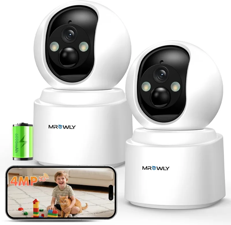 Mrowly ▫️ 2 unidades de câmara de vigilância interior sem fios WiFi com bateria, 2.5K 4MP, 360° PTZ, segurança para bebés/animais de estimação/casa, deteção PIR, visão nocturna a cores, 2.4/5GHz WiFi, cartão SD/nuvem
