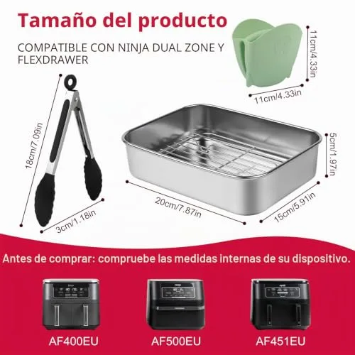 AnefanoozZ ▫️ Recipiente para fritadeira de ar quente, acessório para fritadeira de ar quente, tabuleiro para fritadeira de ar quente em aço inoxidável 304, compatível com Ninja 7,6 L/ 9,5 L/ 10,4 L AF400EU/AF451EU/AF500EU/DZ400EU, adequada para a máquina de lavar louça 2