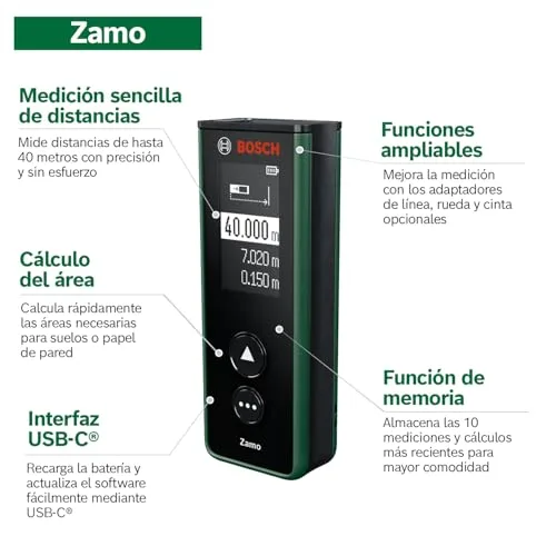 Bosch ▫️ Medidor a laser Zamo (alcance até 40 m, recarregável por USB-C, armazena 10 medições, compatível com acessórios, sem acessórios, inclui pilhas AAA recarregáveis) 3