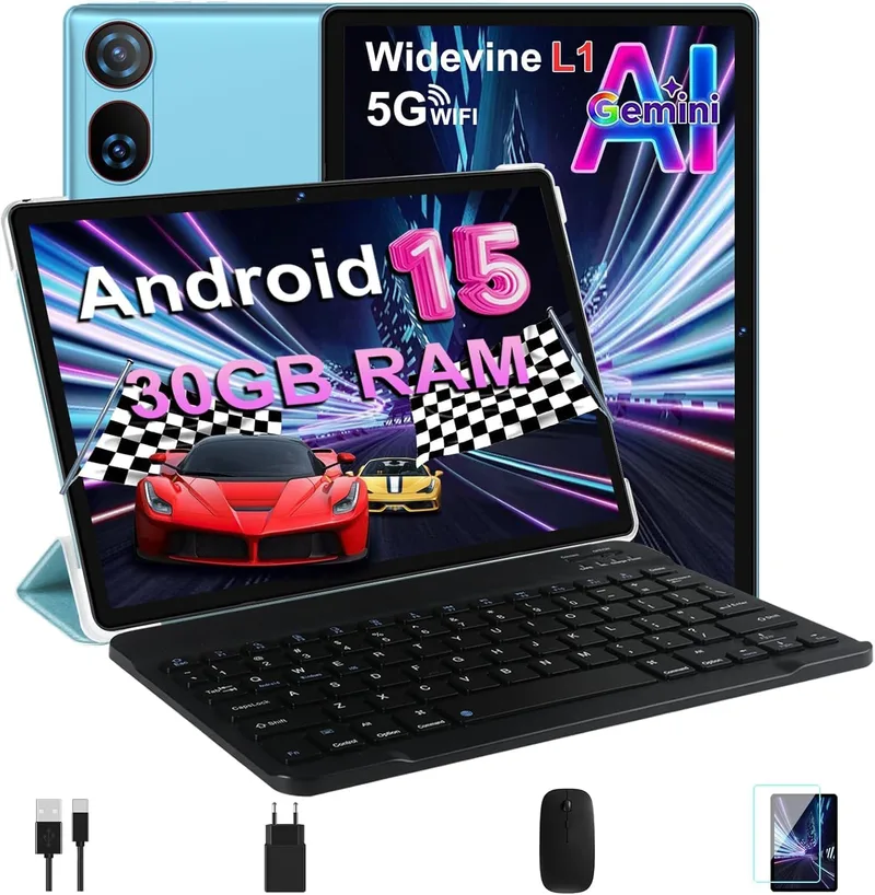 DMOAO ▫️ Tablet de 10 polegadas Android 15 com Gemini AI, 30 GB de RAM + 2 TB de expansão de ROM, 5G WiFi, GPS, Widevine L1, Octa-Core, BT 5.0, 6000mAh, USB-C, Tablet FHD com teclado + rato + capa, azul
