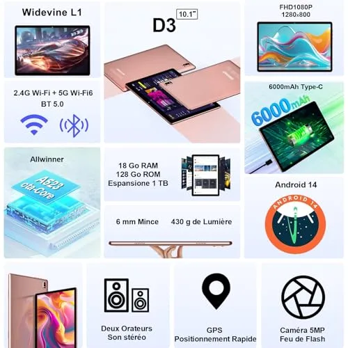 DMOAO ▫️ Tablet de 10 polegadas com Android, 5G e Wi-Fi 6, tablet HD com 18 GB de RAM + 128 GB de ROM (TF 1 TB), Widevine L1, 8 núcleos a 2,0 GHz, Bluetooth 5.0, ecrã IPS 1280 × 800, USB-C, bateria de 6000 mAh, dourado 2