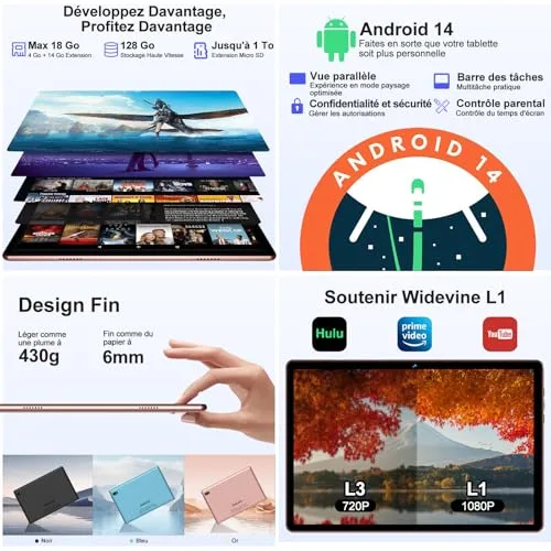 DMOAO ▫️ Tablet de 10 polegadas com Android, 5G e Wi-Fi 6, tablet HD com 18 GB de RAM + 128 GB de ROM (TF 1 TB), Widevine L1, 8 núcleos a 2,0 GHz, Bluetooth 5.0, ecrã IPS 1280 × 800, USB-C, bateria de 6000 mAh, dourado 3