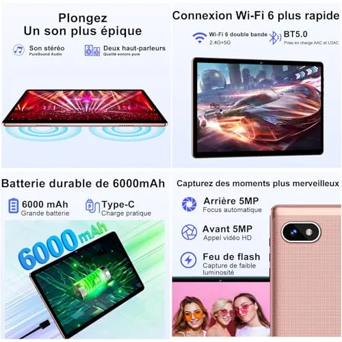 DMOAO ▫️ Tablet de 10 polegadas com Android, 5G e Wi-Fi 6, tablet HD com 18 GB de RAM + 128 GB de ROM (TF 1 TB), Widevine L1, 8 núcleos a 2,0 GHz, Bluetooth 5.0, ecrã IPS 1280 × 800, USB-C, bateria de 6000 mAh, dourado 5