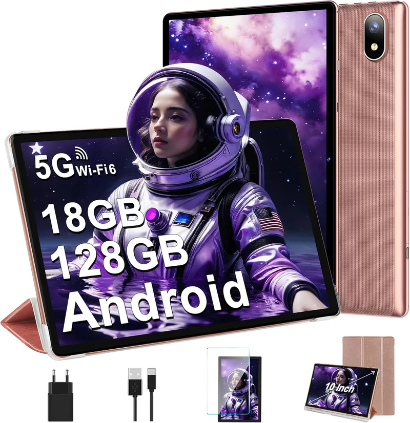 DMOAO ▫️ Tablet de 10 polegadas com Android, 5G e Wi-Fi 6, tablet HD com 18 GB de RAM + 128 GB de ROM (TF 1 TB), Widevine L1, 8 núcleos a 2,0 GHz, Bluetooth 5.0, ecrã IPS 1280 × 800, USB-C, bateria de 6000 mAh, dourado