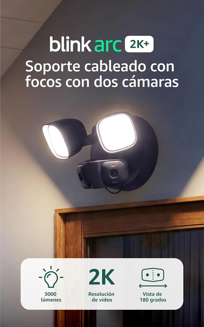 Blink ▫️ Suporte com fios, com focos e duas câmaras Mini 2K+ (última geração) – segurança inteligente com fios, 3000 lúmenes, vídeo 2K, cobertura de 180°. 2 câmaras + 1 suporte (preto)