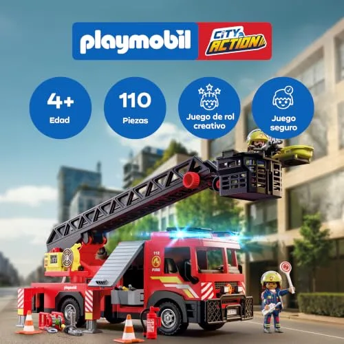 PLAYMOBIL ▫️ City Action | Camião de bombeiros com escada | Veículo de emergência com escada de 63 cm, luzes e sons, equipamento de resgate e vários acessórios | Para crianças a partir dos 4 anos | 72192 2