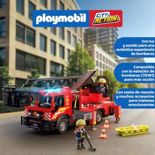 PLAYMOBIL ▫️ City Action | Camião de bombeiros com escada | Veículo de emergência com escada de 63 cm, luzes e sons, equipamento de resgate e vários acessórios | Para crianças a partir dos 4 anos | 72192 3