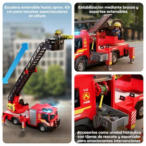 PLAYMOBIL ▫️ City Action | Camião de bombeiros com escada | Veículo de emergência com escada de 63 cm, luzes e sons, equipamento de resgate e vários acessórios | Para crianças a partir dos 4 anos | 72192 4