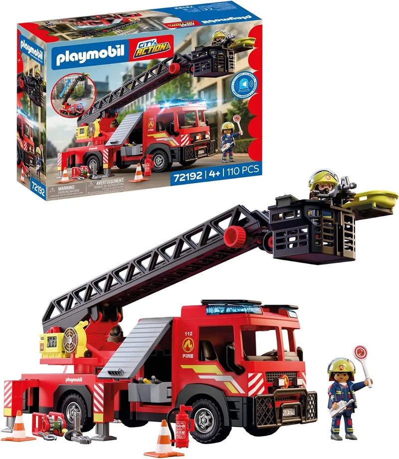 PLAYMOBIL ▫️ City Action | Camião de bombeiros com escada | Veículo de emergência com escada de 63 cm, luzes e sons, equipamento de resgate e vários acessórios | Para crianças a partir dos 4 anos | 72192