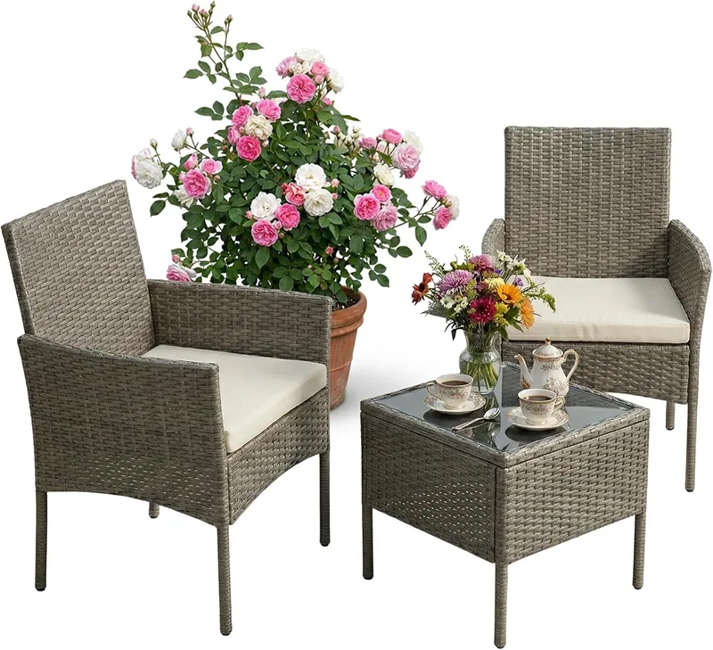 Relaxdays ▫️ Conjunto de jardim de 3 peças em rattan, para 2 pessoas, com 2 poltronas e mesa de vidro, mobiliário de exterior para relaxar, cinzento