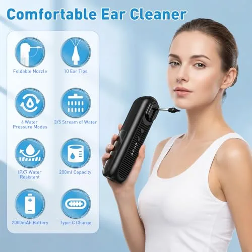 OHFAMO ▫️ Limpador de ouvidos elétrico, removedor de cerume com 5 modos de limpeza, sistema de irrigação auditiva com ecrã LCD, à prova de água IPX5, reservatório de 250 ml, recarregável via USB-C 5