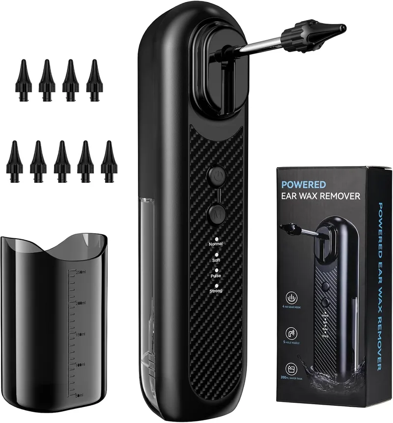 OHFAMO ▫️ Limpador de ouvidos elétrico, removedor de cerume com 5 modos de limpeza, sistema de irrigação auditiva com ecrã LCD, à prova de água IPX5, reservatório de 250 ml, recarregável via USB-C
