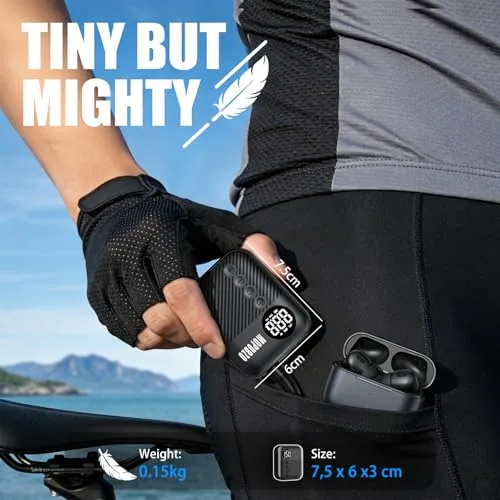 HAOJOYFUN ▫️ Tiny - Bomba para bicicleta com manómetro, bomba de ar elétrica de 150 PSI, desligamento automático, minibomba elétrica, compatível com a maioria das válvulas de ar, enchimento rápido para bicicletas 2