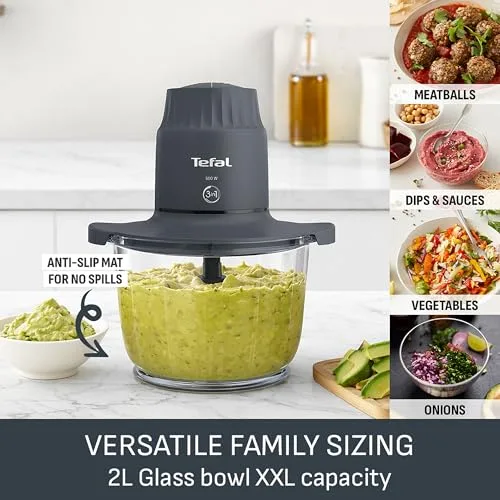 Tefal ▫️ Choppeo MB603BG1 - Mini-processador de alimentos, taça de vidro XXL de 2 litros com base antiderrapante, tampa de armazenamento, 2 velocidades, 500 W, cinzento 2