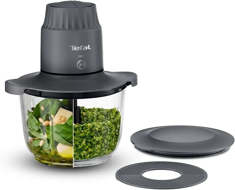 Tefal ▫️ Choppeo MB603BG1 - Mini-processador de alimentos, taça de vidro XXL de 2 litros com base antiderrapante, tampa de armazenamento, 2 velocidades, 500 W, cinzento