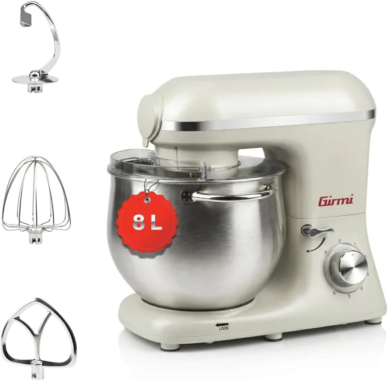 Girmi ▫️ Amassadeira IM50 - taça em aço inoxidável de 8 l com pegas, 2200 W (máx.), 6 velocidades + pulsação incl. acessórios