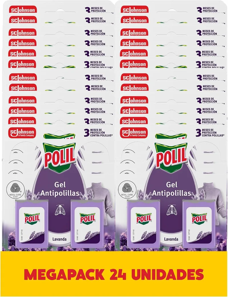 POLIL ▫️ Gel Antitripas com Fragrância de Lavanda, perfuma o roupeiro e protege a roupa, dura até 3 meses, embalagem de 24 x 2 = 48 unidades