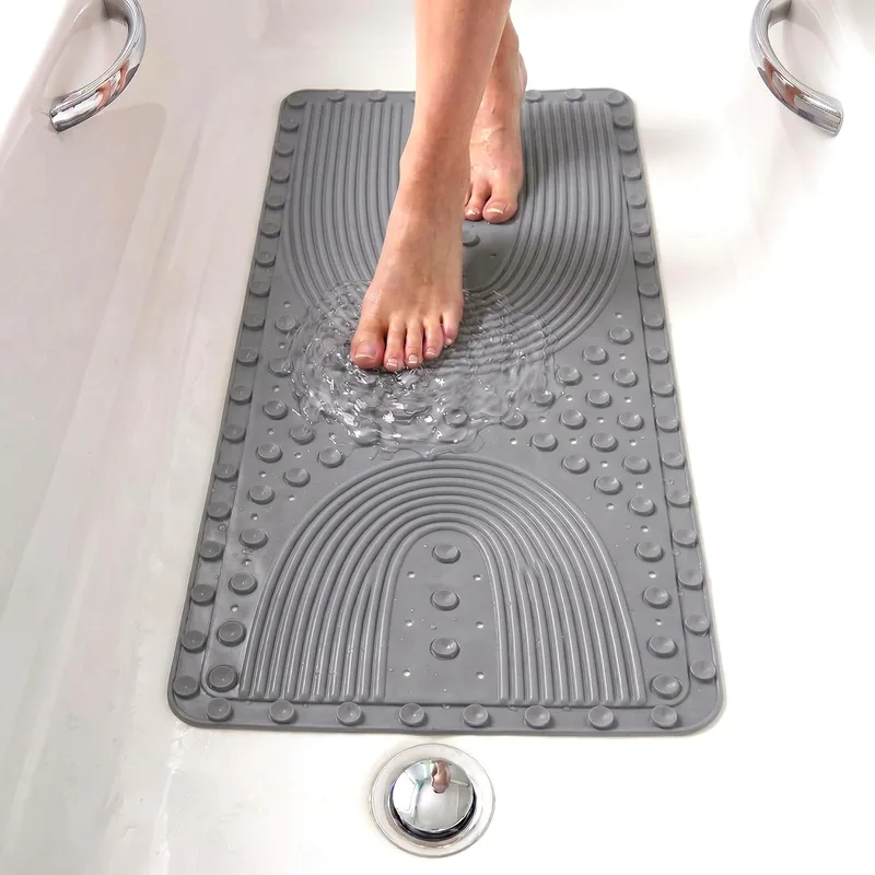edihome ▫️ Tapete de banho antiderrapante, 90x41,5 cm, tapete de duche, bolhas com ventosa, sem BPA, antibacteriano, resistente ao bolor, lavável à máquina (cinzento claro, 90 x 41,5 cm)