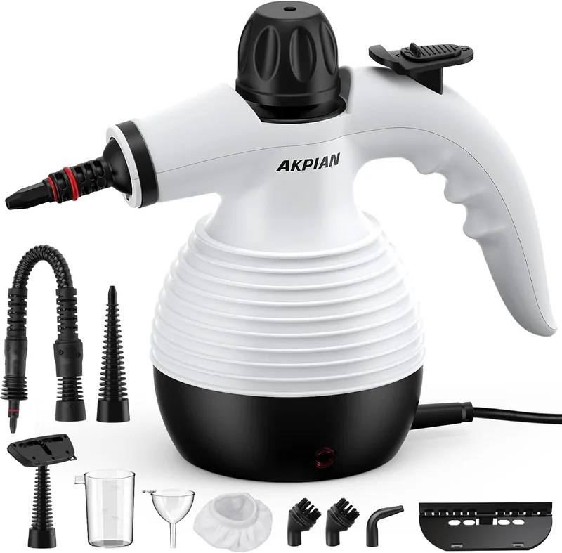 AKPIAN ▫️ Máquina de limpeza a vapor portátil, multi-funcional, com um conjunto de 10 acessórios incluídos, adequada para limpar todos os tipos de superfícies e capaz de remover eficazmente manchas de sujidade e gordura.