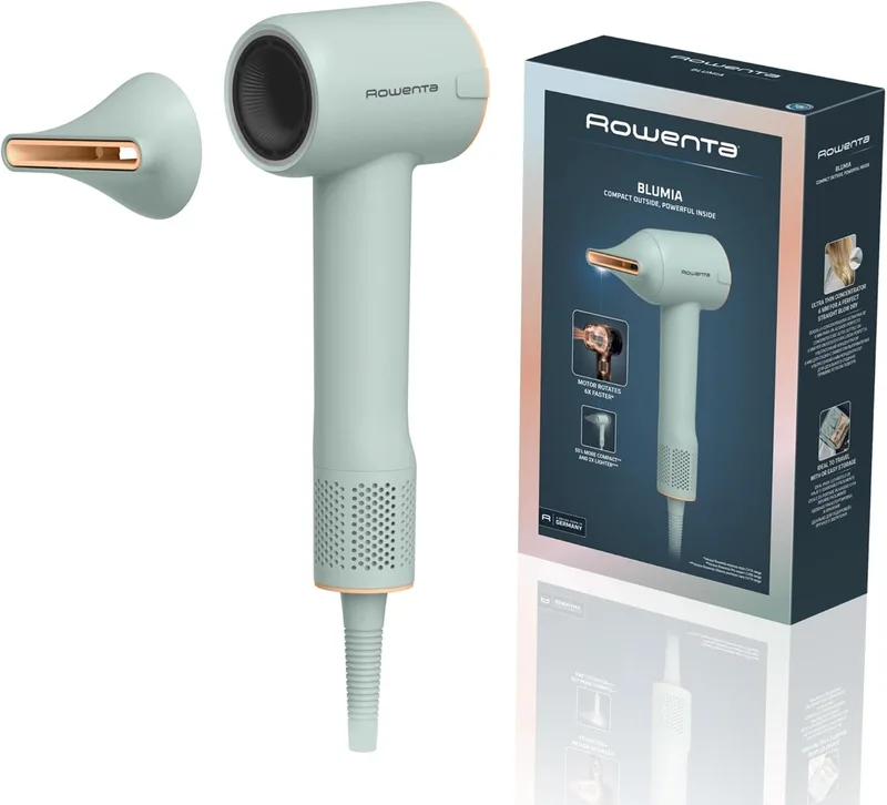 Rowenta ▫️ Secador de cabelo Blumia, compacto e leve (350 g), motor digital, secagem rápida, gerador de iões, controlo inteligente a 40 °C, 3 níveis de temperatura, 2 velocidades, bocal magnético, verde, HY5N12E0